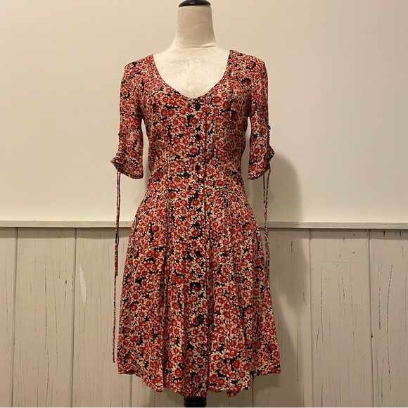 Free People Small Black Lace-up Mini Dress With Red Floral Pattern - Picture 2 of 16